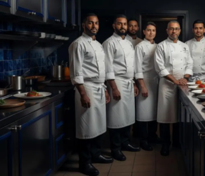 Ash & Ace Club culinary team assembled in the kitchen pass, lit by soft evening light.