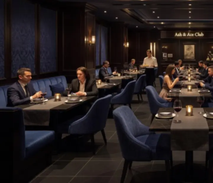 Opulent dining tables set against deep midnight blue surfaces at Ash & Ace Club
